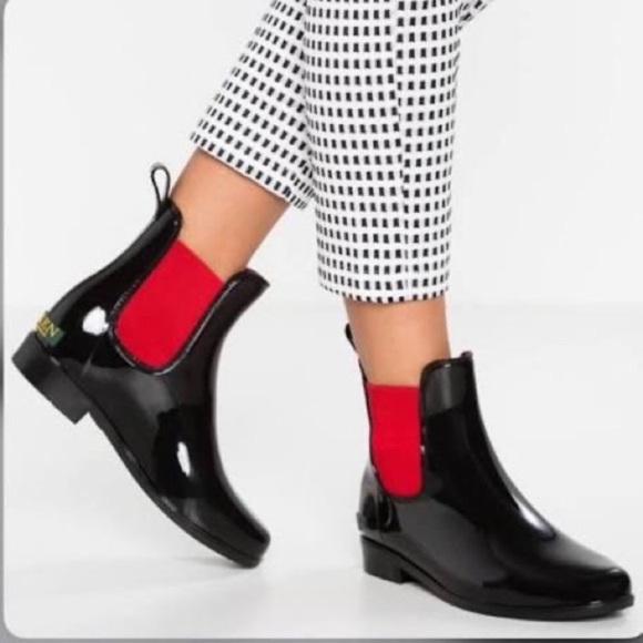 Ralph Lauren Black Red Tally Rubber Short Rain Boots Size 8 - Picture 1 of 14